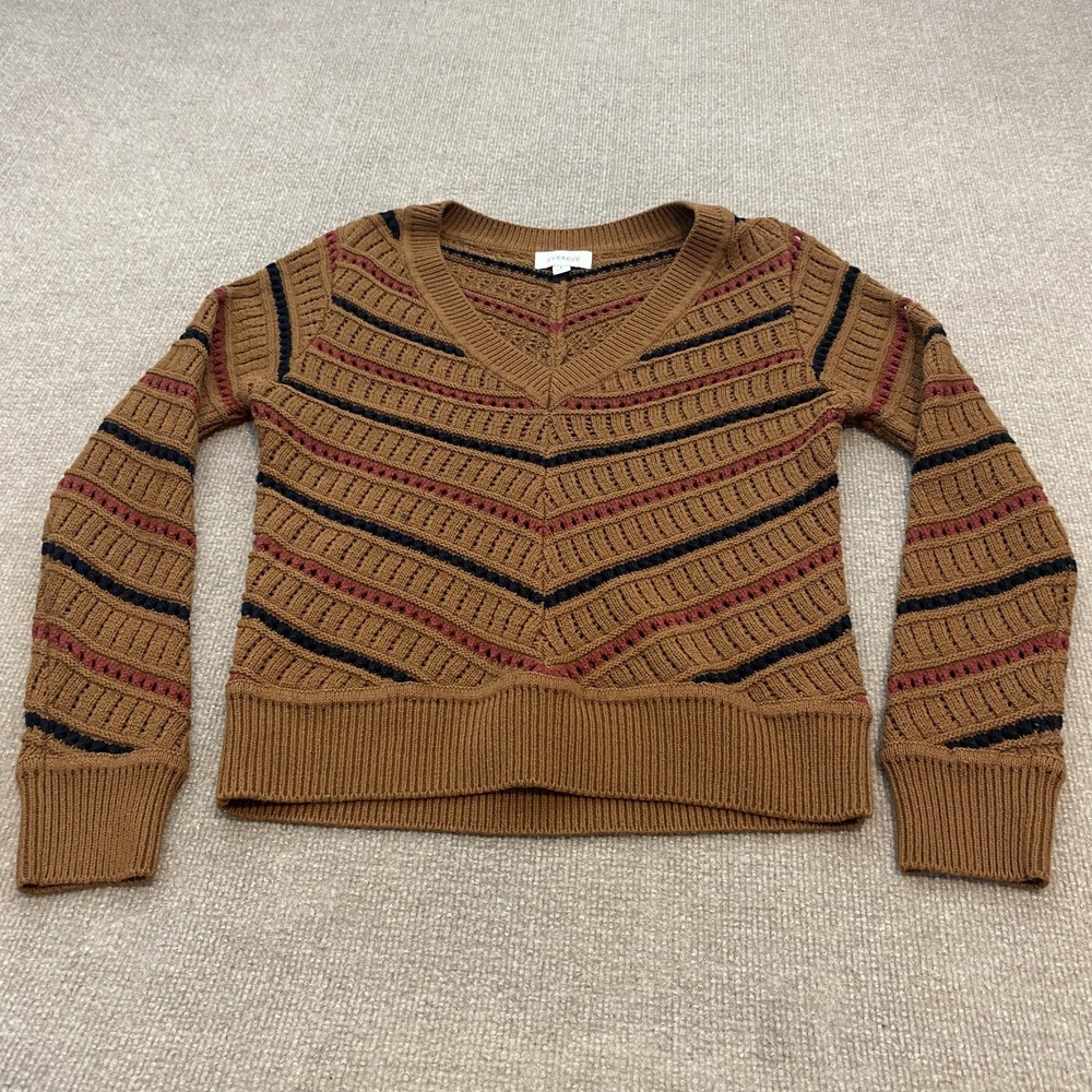 Evereve Sweater Womens Small Brown V Neck Open Knit Chevron Stripe Pullover